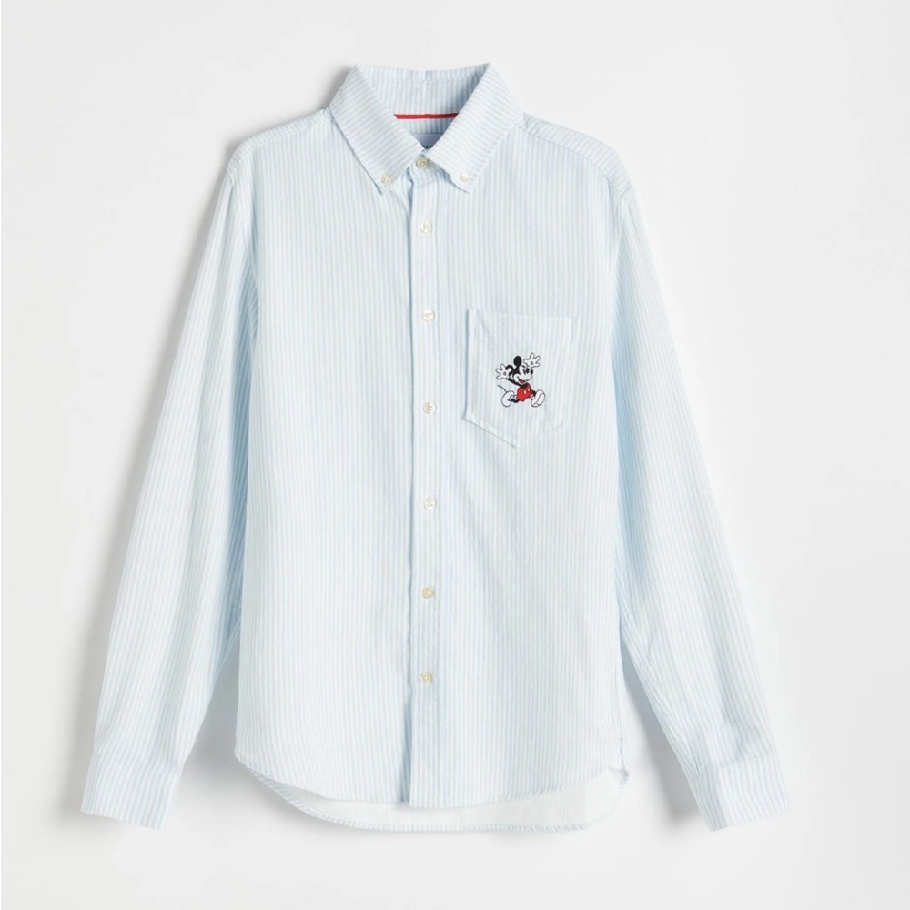 Reserved Light Blue and White Striped Disney Mickey Mouse Button Down Shirt